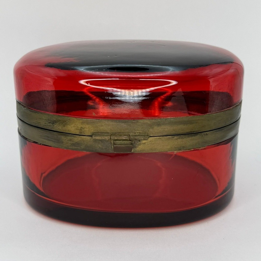 Antique Red Cranberry Crystal Hinged Casket Box Bohemian‎ French Brass Oval Rare - Picture 4 of 14